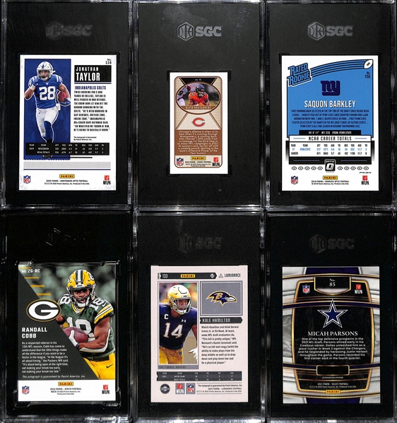 Lot of (6) SGC Graded Football Cards including Jonathan Taylor Contenders Optic Rookie Autograph (9), David Montgomery Gold Vinyl (#/1) (9.5), and more