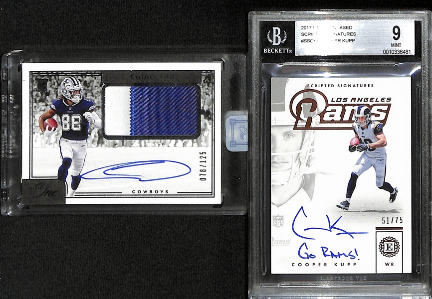 Lot of (2) Football Rookie Autograph Cards including CeeDee Lamb Patch (#/125) and Cooper Kupp (#/75) Graded BGS 9