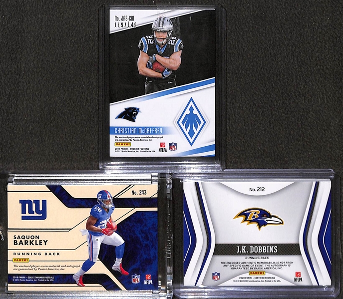 Lot of (14) Football Cards including Saquon Barkley Rookie Patch Autograph (#/75), Christian McCaffrey Rookie Patch Autograph (#/149), JK Dobbins Rookie Patch Autograph (#/199), and more!