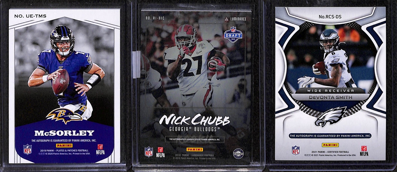 Lot of 40 Football Cards including Devonte Smith Rookie Autograph (#/30), Nick Chubb Rookie Autograph (#/75), Trace McSorley Rookie Autograph (#/99), and more!