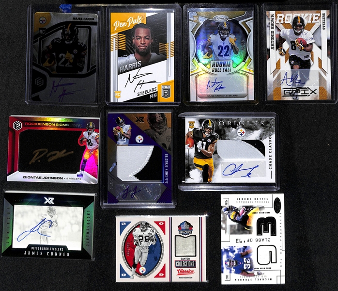 Lot of (19) Pittsburgh Steelers Cards including 3 Najee Harris Rookie Autographs, Antonio Brown Rookie Autograph (#/499), Diontae Johnson Rookie Autograph (#/25), and more!