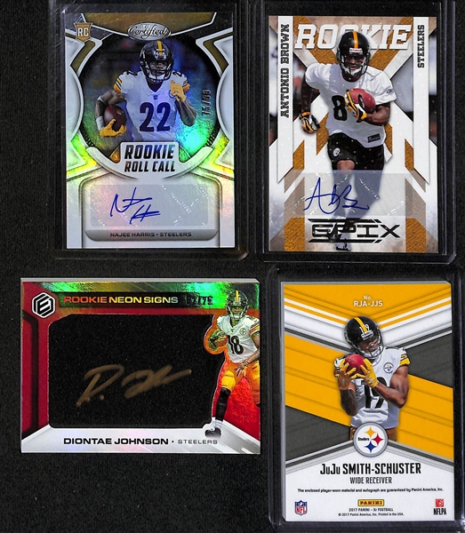 Lot of (19) Pittsburgh Steelers Cards including 3 Najee Harris Rookie Autographs, Antonio Brown Rookie Autograph (#/499), Diontae Johnson Rookie Autograph (#/25), and more!