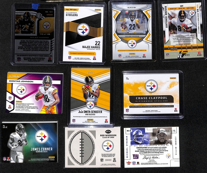 Lot of (19) Pittsburgh Steelers Cards including 3 Najee Harris Rookie Autographs, Antonio Brown Rookie Autograph (#/499), Diontae Johnson Rookie Autograph (#/25), and more!