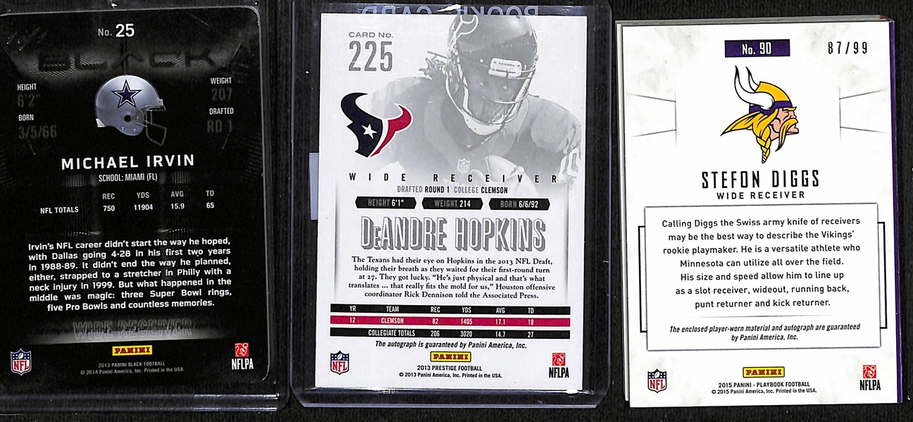 Lot of (31) Football Cards including Michael Irvin Autograph Printing Plate (#/1), DeAndre Hopkins Rookie Autograph (#/100), Stefon Diggs Rookie Patch Autograph Booklet (#/99), and more! 