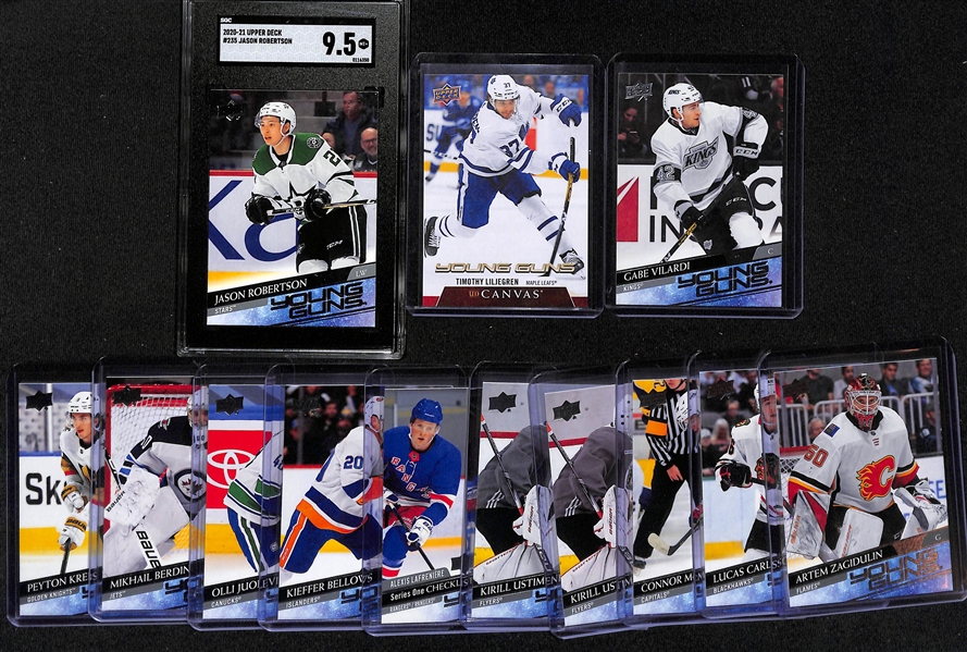 Lot of (13) 2020-21 Upper Deck Young Gun Rookie Cards including Jason Robertson Graded SGC 9.5, Timothy Liljegren Canvas, Gabe Vilardi, and more