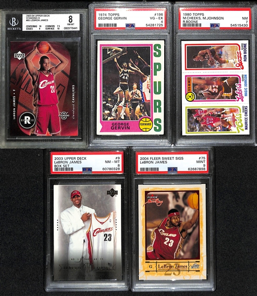 (5) Graded Basketball Superstar Mostly Rookies- 2003-04 Upper Deck LeBron James (BGS 8), 1974-75 Topps George Gervin (PSA 4), 1980-81 Topps Magic Johnson/ Maurice Cheeks (PSA 7), +