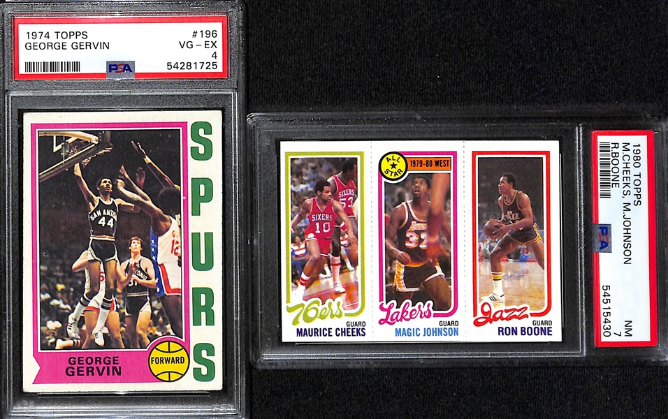 (5) Graded Basketball Superstar Mostly Rookies- 2003-04 Upper Deck LeBron James (BGS 8), 1974-75 Topps George Gervin (PSA 4), 1980-81 Topps Magic Johnson/ Maurice Cheeks (PSA 7), +