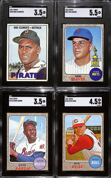 Lot of (4) Graded Vintage Baseball Cards w. 1967 Topps #400 Bob Clemente SGC 3.5, 1968 # 110 Topps Hank Aaron SGC 3.5, Others