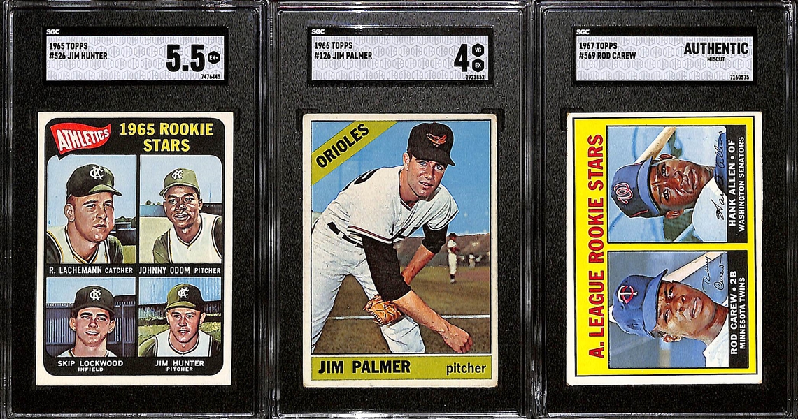 1965 Topps # 526 Jim Hunter RC SGC 5.5, 1966 Topps # 126 Jim Palmer RC SGC 4 and 1967 Topps # 569 Rod Carew SGC Authentic