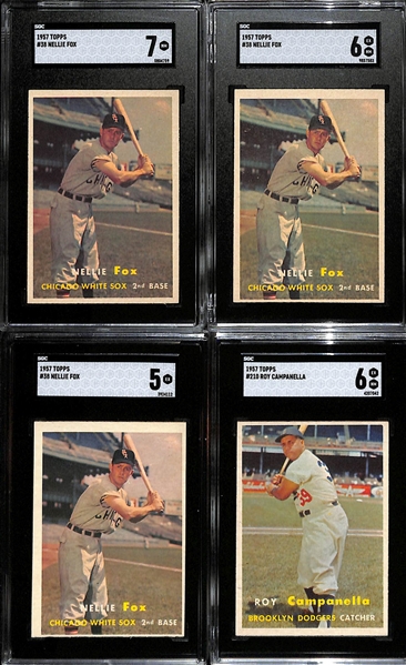 Lot of (4) Graded 1957 Topps Baseball Cards - (3) Nellie Fox SGC 7/6/5, Roy Campanella SGC 6