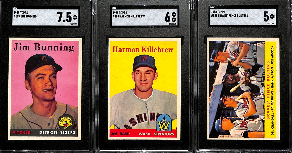 Lot of (3) Graded 1958 Topps Baseball Cards w. Jim Bunning SGC 7.5, Killebrew SGC 6, Braves Fence Busters SGC 5