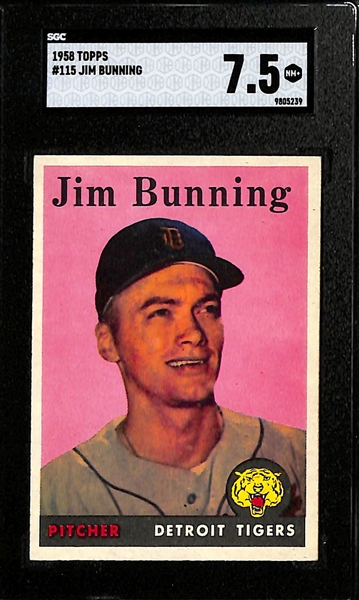 Lot of (3) Graded 1958 Topps Baseball Cards w. Jim Bunning SGC 7.5, Killebrew SGC 6, Braves Fence Busters SGC 5