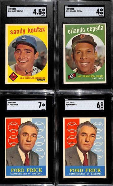  Lot of (4) Graded 1959 Topps Baseball Cards w. Koufax SGC 4.5, Cepeda SGC 4, & (2) Frick SGC 7 & 6