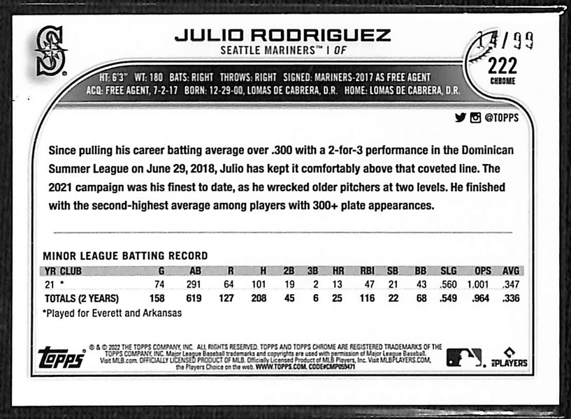 2022 Topps Chrome Sonic Green Ray Wave Julio Rodriguez Rookie Card (#/99)