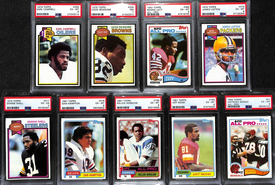 (9) PSA Graded Topps Football HOF Rookie Cards - Earl Campbell (PSA 6), Ozzie Newsome (PSA 7), Ronnie Lott ( PSA 6), Lofton (PSA 6)+