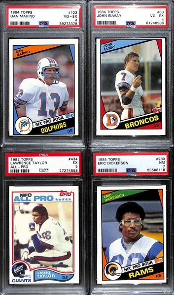 (18) PSA Graded Topps Football HOF Rookies- Dan Marino (PSA 4), John Elway (PSA 4), Lawrence Taylor (PSA 5), Eric Dickerson (PSA 7), and More