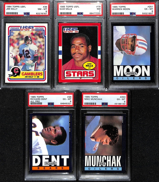 (5) Topps Football HOF Rookies- 1984 USFL Jim Kelly (PSA 8), 1985 USFL Sam Mills (PSA 7), 1985 Topps Warren Moon (PSA 6), 1985 Richard Dent (PSA 6), 1985 Topps Mike Munchak (PSA 6)