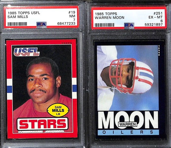 (5) Topps Football HOF Rookies- 1984 USFL Jim Kelly (PSA 8), 1985 USFL Sam Mills (PSA 7), 1985 Topps Warren Moon (PSA 6), 1985 Richard Dent (PSA 6), 1985 Topps Mike Munchak (PSA 6)