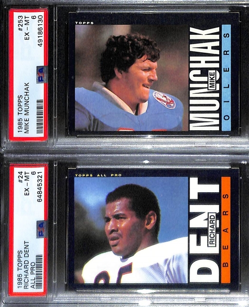 (5) Topps Football HOF Rookies- 1984 USFL Jim Kelly (PSA 8), 1985 USFL Sam Mills (PSA 7), 1985 Topps Warren Moon (PSA 6), 1985 Richard Dent (PSA 6), 1985 Topps Mike Munchak (PSA 6)