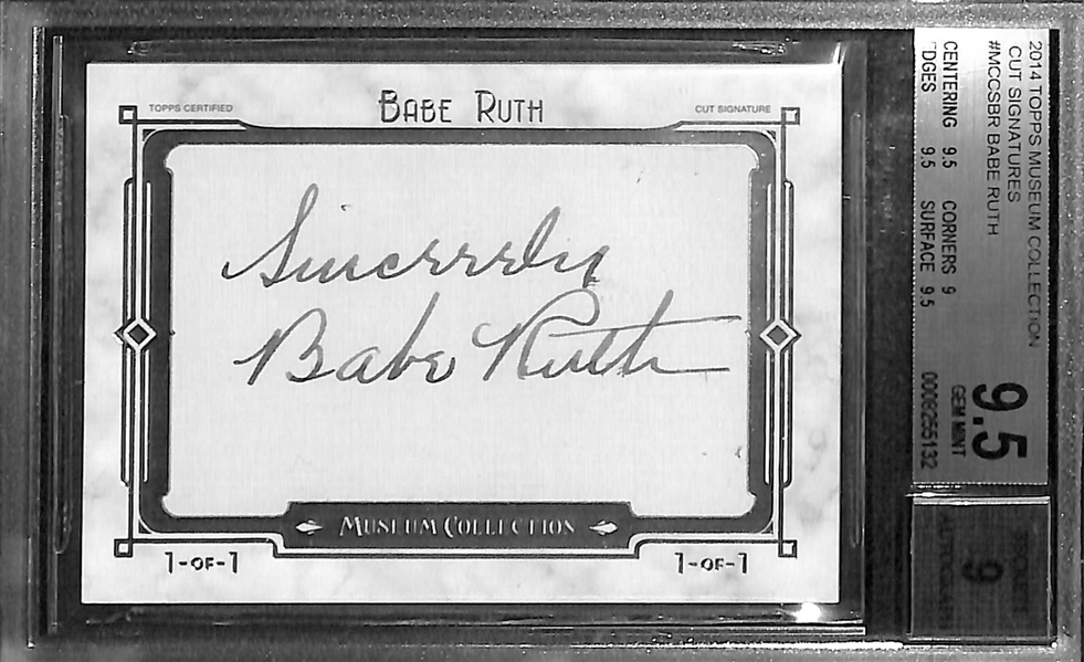 2014 Topps Museum Collection Babe Ruth Cut Autograph Card #ed 1/1 Graded Beckett BGS 9.5 Gem Mint (w. 9.0 Autograph Grade) - This Was the Chase Card in the 2014 Museum Set!