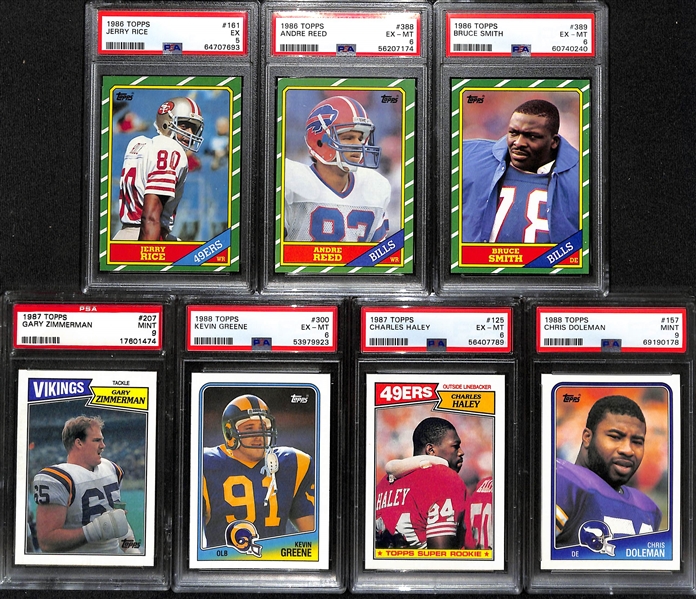 (7) PSA Graded Topps Football HOF Rookies - 1986 Jerry Rice (PSA 5), 1986 Andre Reed (PSA 6), 1986 Bruce Smith (PSA 6), 1987 Gary Zimmerman (PSA 9), +