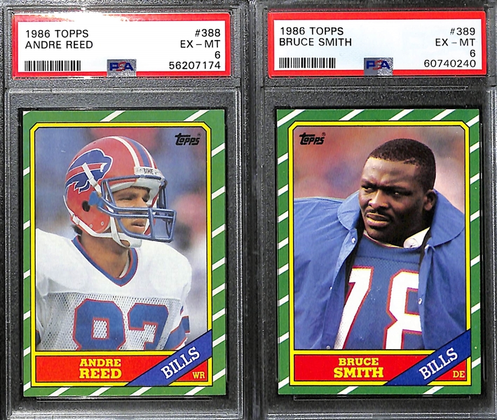 (7) PSA Graded Topps Football HOF Rookies - 1986 Jerry Rice (PSA 5), 1986 Andre Reed (PSA 6), 1986 Bruce Smith (PSA 6), 1987 Gary Zimmerman (PSA 9), +