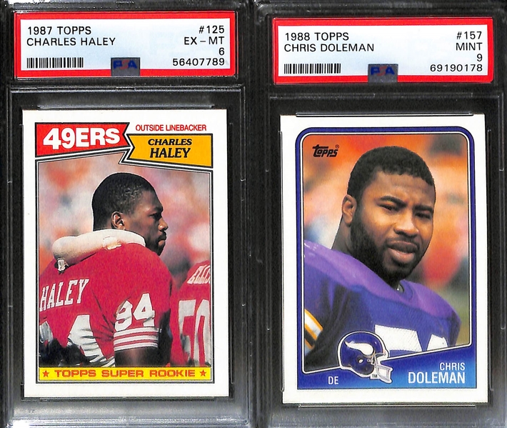 (7) PSA Graded Topps Football HOF Rookies - 1986 Jerry Rice (PSA 5), 1986 Andre Reed (PSA 6), 1986 Bruce Smith (PSA 6), 1987 Gary Zimmerman (PSA 9), +