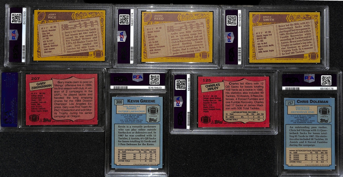 (7) PSA Graded Topps Football HOF Rookies - 1986 Jerry Rice (PSA 5), 1986 Andre Reed (PSA 6), 1986 Bruce Smith (PSA 6), 1987 Gary Zimmerman (PSA 9), +