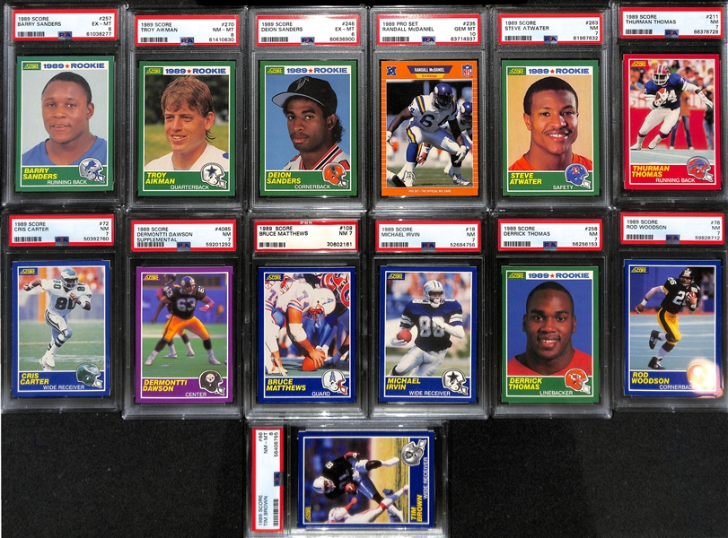 Lot of (13) Graded Football HOF Rookies- 1989 Score Barry Sanders (PSA 6), 1989 Troy Aikman (PSA 8), 1989 Deion Sanders (PSA 6), +