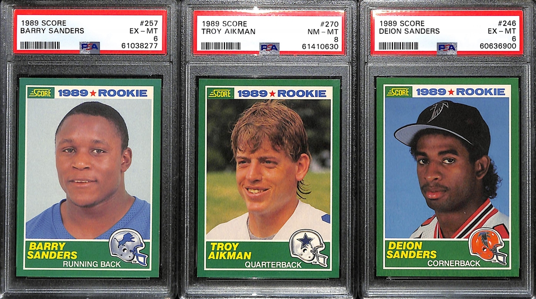 Lot of (13) Graded Football HOF Rookies- 1989 Score Barry Sanders (PSA 6), 1989 Troy Aikman (PSA 8), 1989 Deion Sanders (PSA 6), +