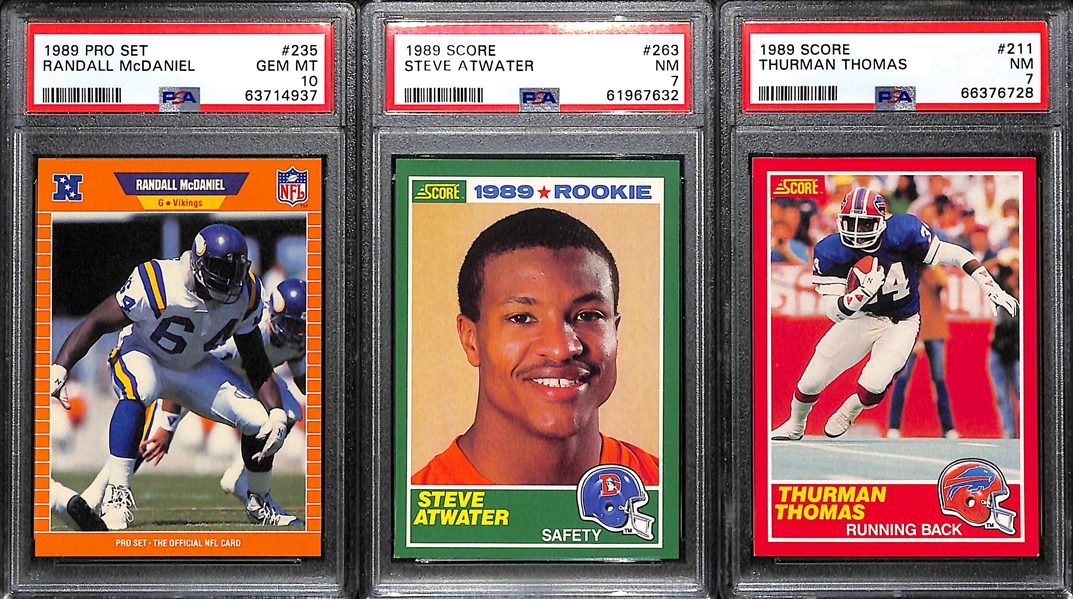 Lot of (13) Graded Football HOF Rookies- 1989 Score Barry Sanders (PSA 6), 1989 Troy Aikman (PSA 8), 1989 Deion Sanders (PSA 6), +