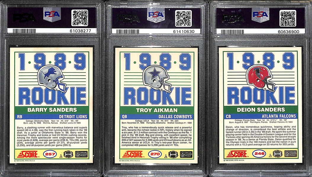 Lot of (13) Graded Football HOF Rookies- 1989 Score Barry Sanders (PSA 6), 1989 Troy Aikman (PSA 8), 1989 Deion Sanders (PSA 6), +