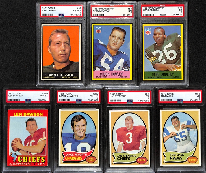 (7) Graded Football HOFer Cards - 1961 Topps Bart Starr (PSA 4), 1962 Philadelphia C. Howley (PSA 7), 1967 Phila. Herb Adderly (PSA 5), 1971 Topps Len Dawson (PSA 4), Lance Alworth (PSA 4), Jan...