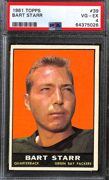 (7) Graded Football HOFer Cards - 1961 Topps Bart Starr (PSA 4), 1962 Philadelphia C. Howley (PSA 7), 1967 Phila. Herb Adderly (PSA 5), 1971 Topps Len Dawson (PSA 4), Lance Alworth (PSA 4), Jan...