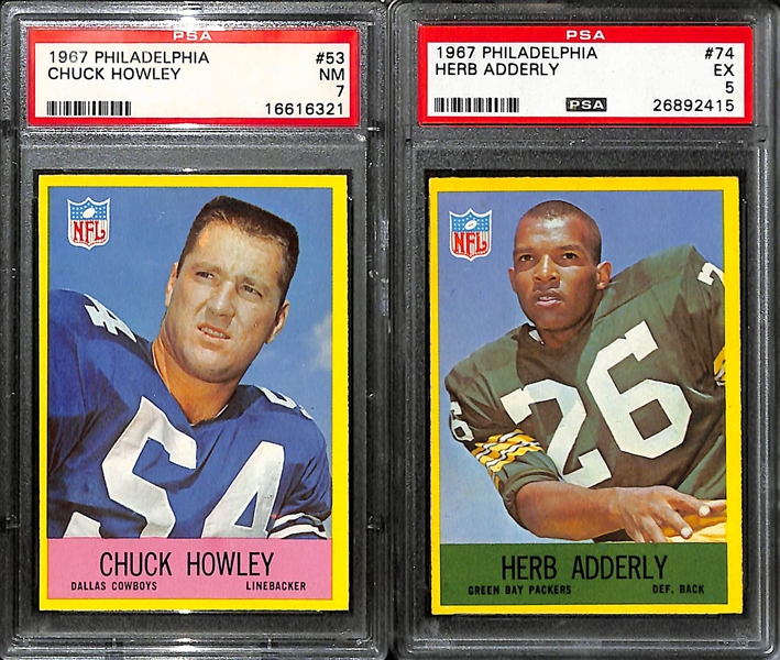 (7) Graded Football HOFer Cards - 1961 Topps Bart Starr (PSA 4), 1962 Philadelphia C. Howley (PSA 7), 1967 Phila. Herb Adderly (PSA 5), 1971 Topps Len Dawson (PSA 4), Lance Alworth (PSA 4), Jan...