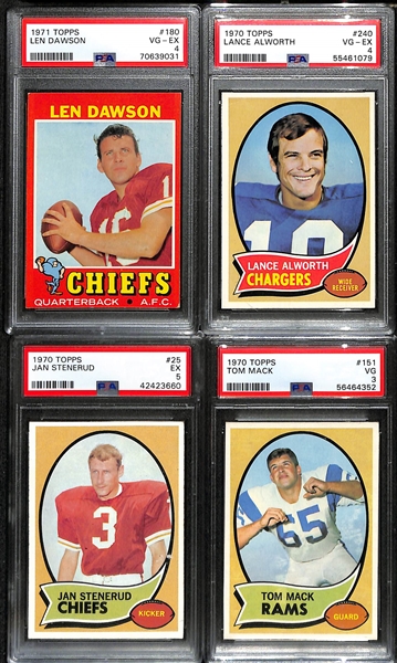 (7) Graded Football HOFer Cards - 1961 Topps Bart Starr (PSA 4), 1962 Philadelphia C. Howley (PSA 7), 1967 Phila. Herb Adderly (PSA 5), 1971 Topps Len Dawson (PSA 4), Lance Alworth (PSA 4), Jan...