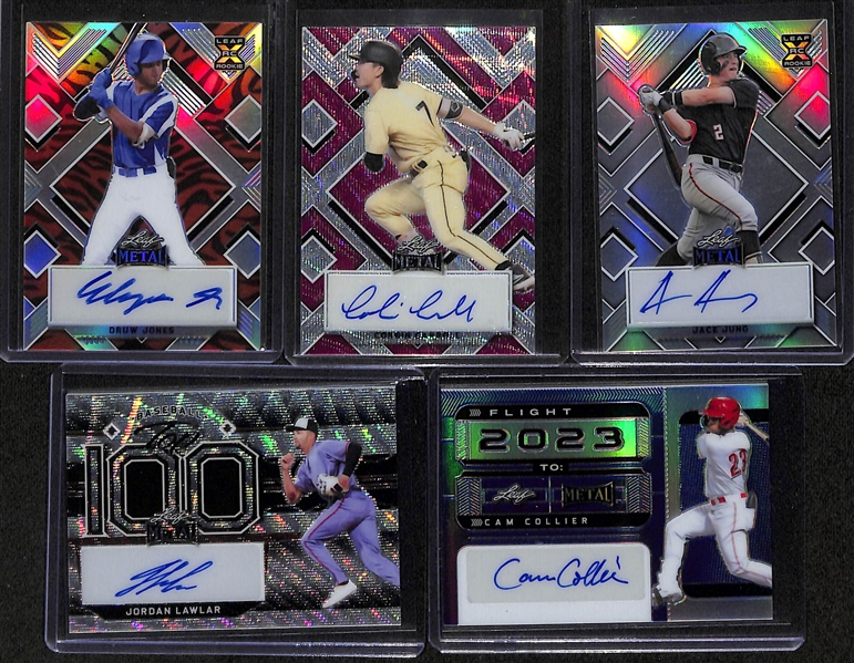 (5) 2022 Leaf Metal Baseball Prospect Rookie Autographs- Druw Jones (#/4), Corbin Carrol (#/5), Jace Jung (#/10), Jordan Lawlar (#/6), Cam Collier (#/6)