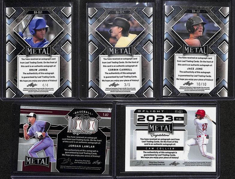 (5) 2022 Leaf Metal Baseball Prospect Rookie Autographs- Druw Jones (#/4), Corbin Carrol (#/5), Jace Jung (#/10), Jordan Lawlar (#/6), Cam Collier (#/6)