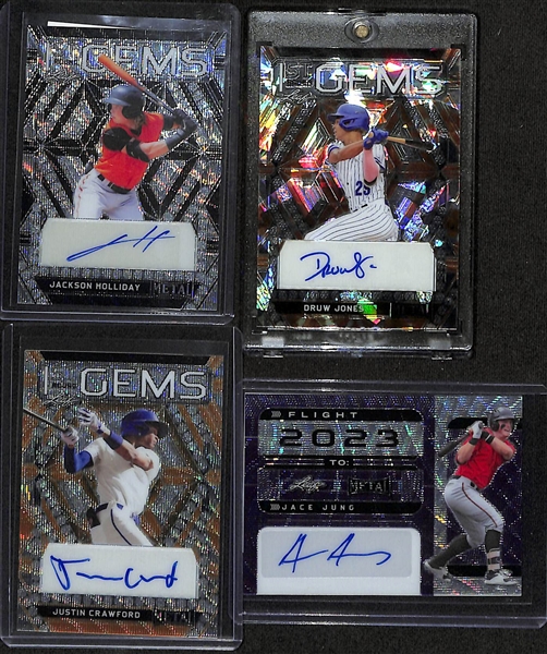 (4) 2022 Leaf Metal Baseball Pre Production Proof 1/1 Prospect Rookie Autographs- Jackson Holliday, Druw Jones, Justin Crawford, Jace Jung