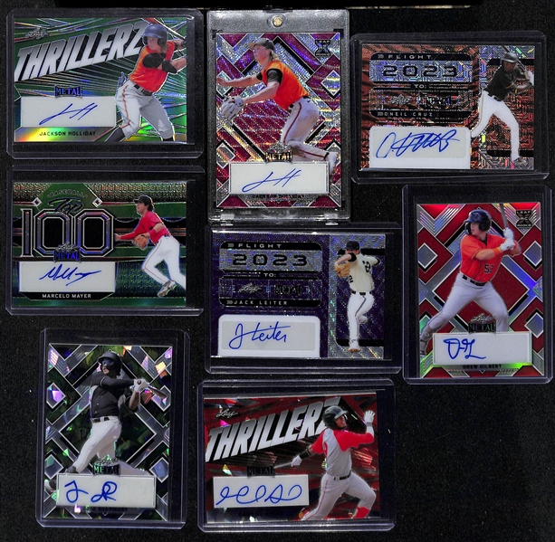 (8) 2022 Leaf Metal Baseball Prospect Rookie Autographs- Jackson Holliday (#/3) & (#/5), Oneil Cruz (#/4), Marcelo Mayer (#/3), Jack Leiter (#/6), +