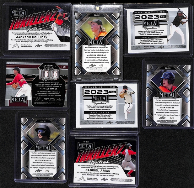 (8) 2022 Leaf Metal Baseball Prospect Rookie Autographs- Jackson Holliday (#/3) & (#/5), Oneil Cruz (#/4), Marcelo Mayer (#/3), Jack Leiter (#/6), +