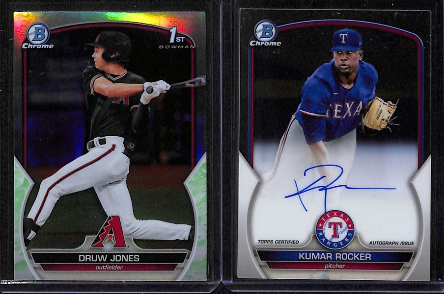 Lot of (19) 2023 Bowman Chrome Prospect Rookies Inc. Enmanuel Bonilla Speckle Autograph (#/299), Druw Jones Lunar Glow, Kumar Rocker Autograph. Daniel Susac Speckle (#/299), Yoffry Solano Purple...