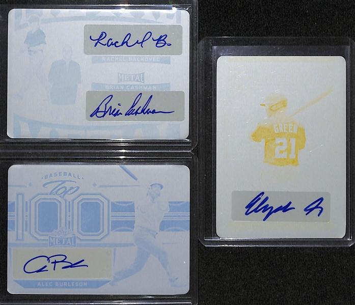 (3) 2022 Leaf Metal Baseball Autographed Printing Plate 1/1s- Rachel Balkovec/Brian Cashman Duel, Elijah Green Rookie, Alec Burleson Rookie