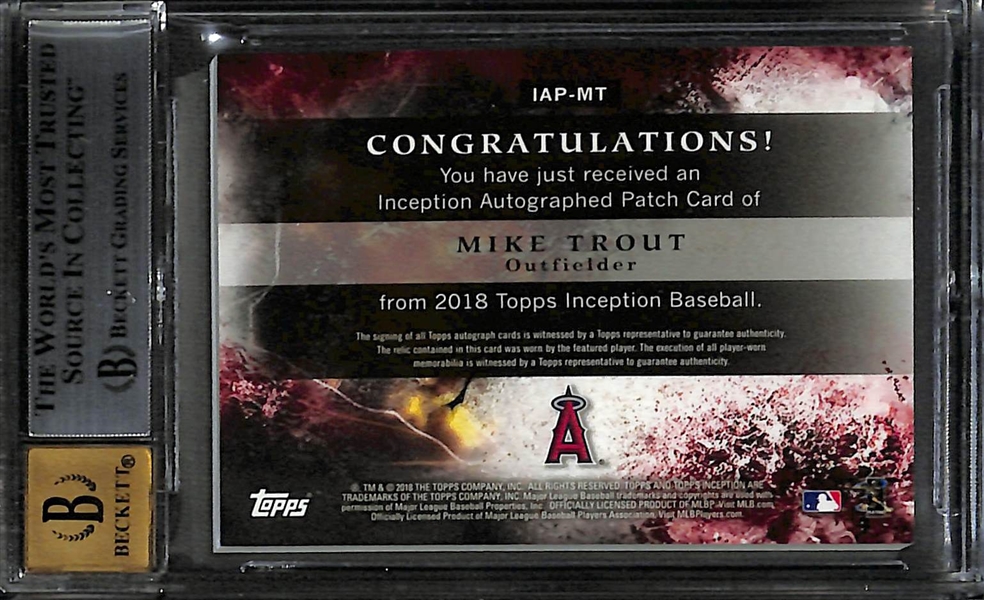 2018 Topps Inception Mike Trout Autographed Patch Card (3-Color Jersey Patch!) Graded Beckett BGS 8.5 (w. 10 Autograph Graded)