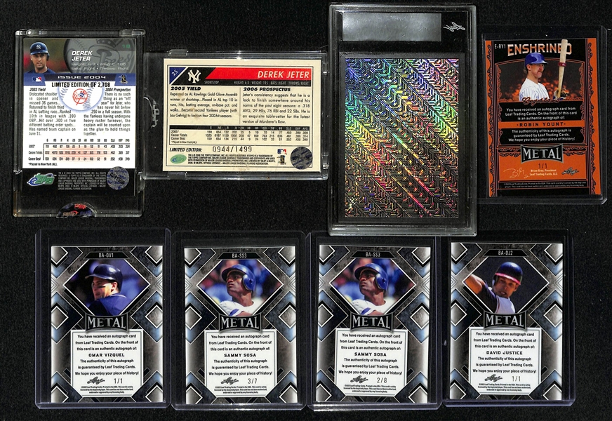 (8) 2022 Leaf Metal Baseball Legend Autographs & Derek Jeter eTopps- Dwight Gooden (#/1), Robin Yount (#/1), Omar Vizquel (#/1), Sammy Sosa (#/7) & (#/8), +