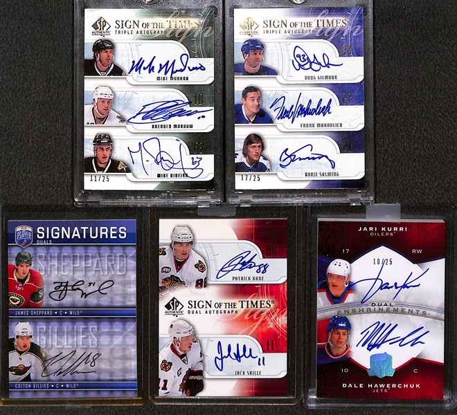 Lot of (5) Hockey Multi Signed Autograph Cards Inc. 2008-09 SP Authentic Mike Modano, Brenden Morrow, and Mike Ribeiro Sign Of The Times Triple Autograph (#/25), 2008-09 The Cup Jari Kurri and Dale...