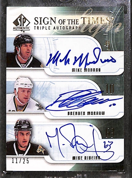 Lot of (5) Hockey Multi Signed Autograph Cards Inc. 2008-09 SP Authentic Mike Modano, Brenden Morrow, and Mike Ribeiro Sign Of The Times Triple Autograph (#/25), 2008-09 The Cup Jari Kurri and Dale...