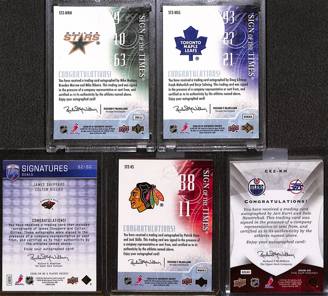 Lot of (5) Hockey Multi Signed Autograph Cards Inc. 2008-09 SP Authentic Mike Modano, Brenden Morrow, and Mike Ribeiro Sign Of The Times Triple Autograph (#/25), 2008-09 The Cup Jari Kurri and Dale...