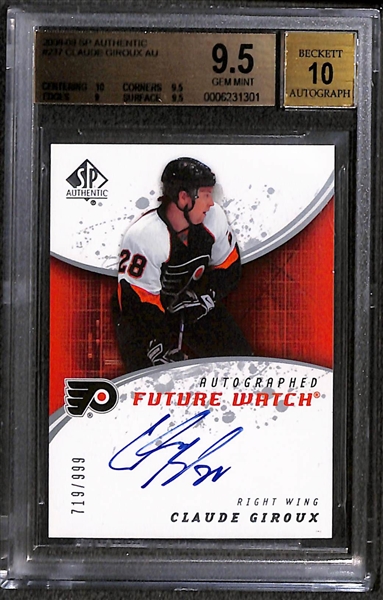 Lot of (3) BGS Graded 9.5 2008-09 SP Authentic Future Watch Rookie Autographs e/ (#/999) inc. Claude Giroux, (2) TJ Oshie