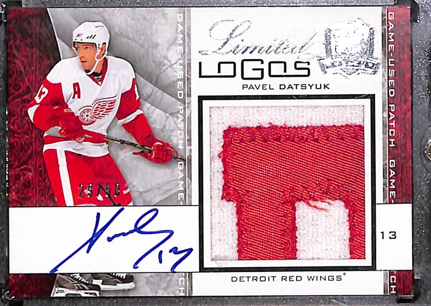 Lot of (2) 2008-09 Detroit Red Wings Hall of Fame Patch Autographs inc. The Cup Limited Logos Pavel Datsyuk (#/50), SP Game Used Marian Hossa Letter Marks (#/50)